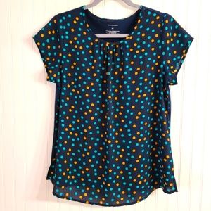 Van Heusen Navy Blouse With Teal and Mustard Polka Dots, Medium